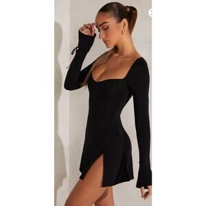 Oh Polly LILI Long Sleeve Waterfall Skirt Mini Dress Midnight Black Size 0
